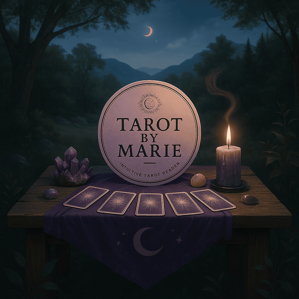 Eli Marie smiling beside her tarot altar